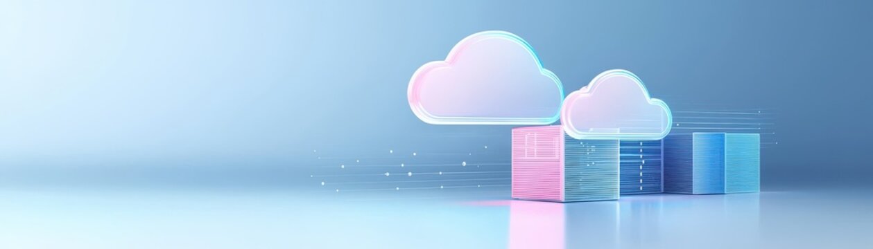 A digital illustration of stylized clouds in pastel colors, representing cloud computing and data storage technology.