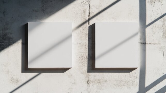 Two blank white square mockups for flyers or business cards with soft shadows on a light grey concrete background in a flat lay perspective.