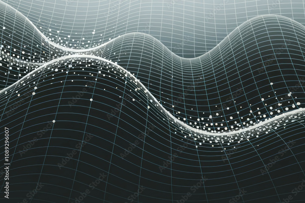 Poster digital wave grid. abstract flowing data; symbolizes innovation, technology, and progress. dark back