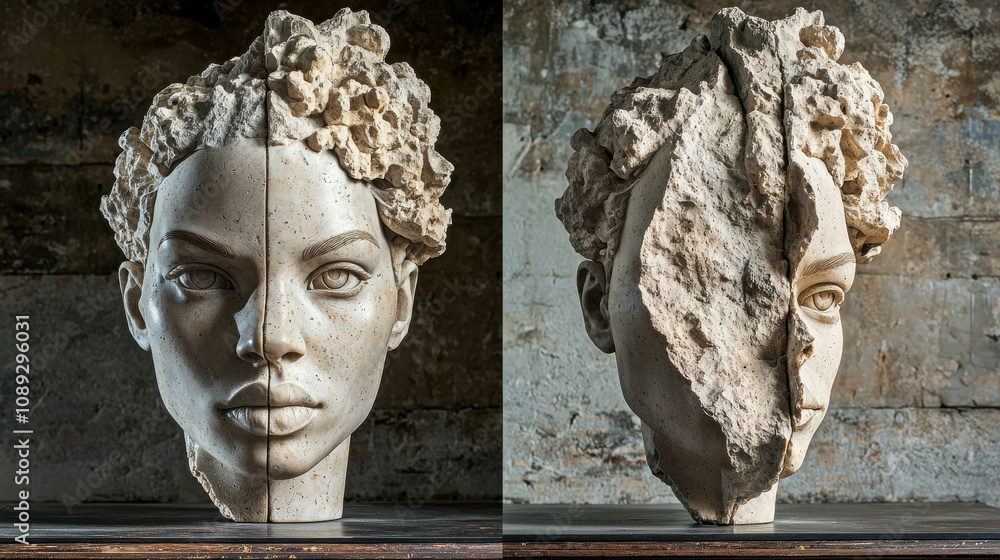 Poster a unique sculptural portrait highlighting duality of form and texture with a captivating blend of hu