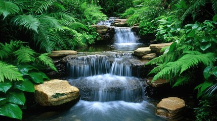 Gentle stream flowing through a vibrant rainforest, cascading over smooth stones surrounded by lush greenery and ferns, creating a tranquil atmosphere.