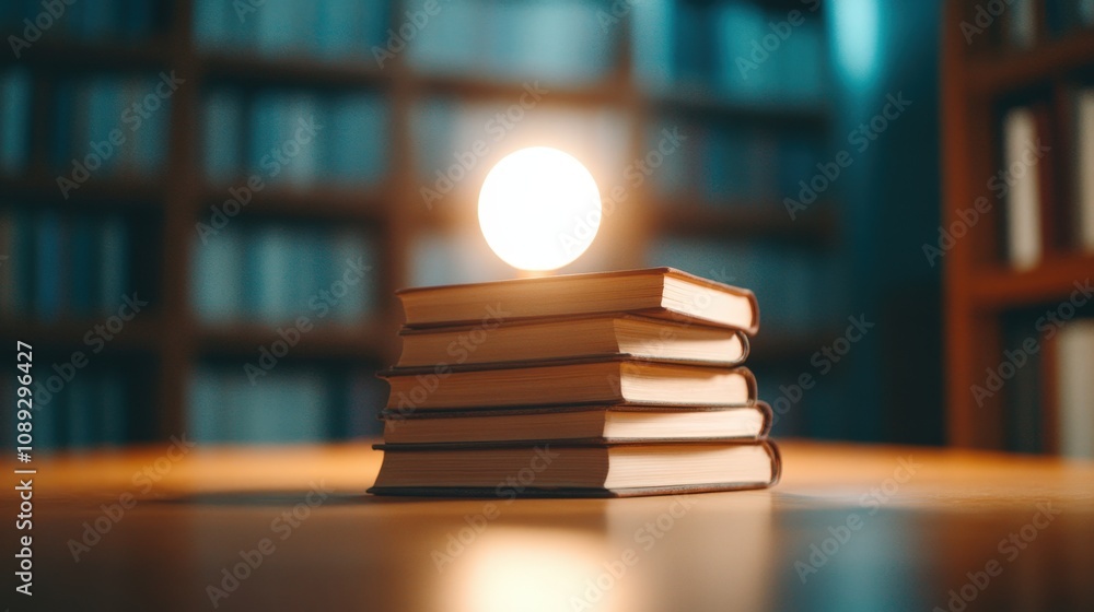 Poster stack of books with glowing orb in a library setting