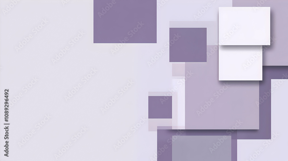 Poster abstract geometric background with overlapping squares in lavender and white.