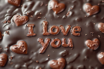 A close-up of chocolate with the words "I love you" carved in the center.