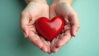 Fototapeta premium Hands Gently Cradling a Small Shiny Red Heart with Affection.