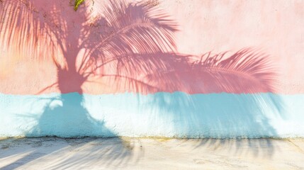 Palm leaves casting intricate shadows on a soft pastel pink and blue wall, creating a serene and artistic ambiance.