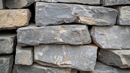 Gray cubic stone blocks arranged in a tight stack, displaying uneven textures and natural variations in color and surface detail.
