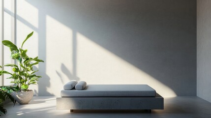 Fototapeta premium Serene minimalist spa room featuring a massage bed, soft lighting, and a potted plant, creating an inviting atmosphere for relaxation and wellness.