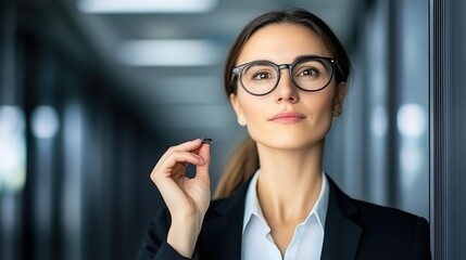 Confident Businesswoman in Glasses Holding a Small Clip, Standing in a Modern Office Environment Amidst a Professional Setting with Soft Lighting