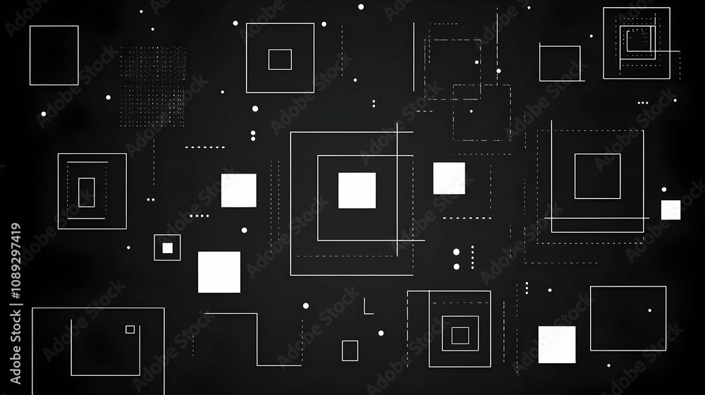Poster abstract geometric black and white background with various sizes of squares and dots.