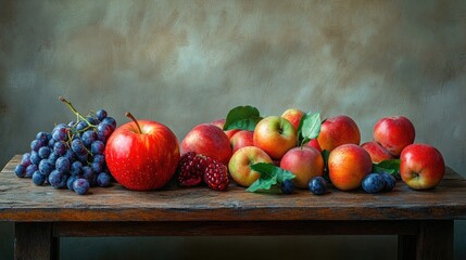 Colorful arrangement of fresh apples, grapes, and pomegranates on a rustic wooden table, highlighting the abundance and vibrancy of a healthy harvest.