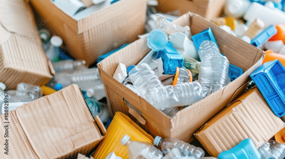Poster a clutter of cardboard boxes filled with various plastic bottles and containers, highlighting a recy