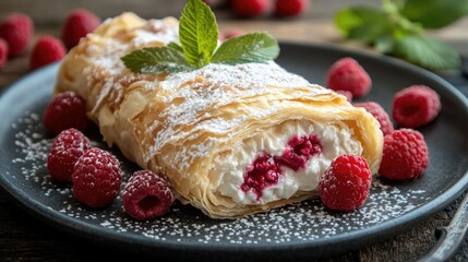 Delicious strudel filled with creamy filling, topped with powdered sugar and fresh raspberries, beautifully presented on a black plate.
