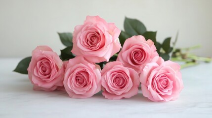 Delicate pink roses elegantly arranged on a white table, ideal for a wedding mockup in a stylish flat lay presentation.