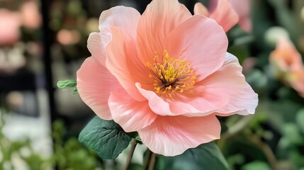 Delicate pink flower with soft, luminous petals and vibrant yellow stamens, ideal for enhancing nature-themed collections.