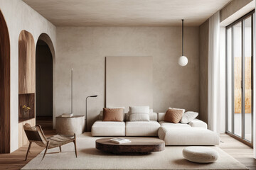 A minimalist living room with a neutral-toned beige sofa accented by earth-toned cushions.