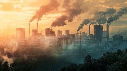 Industrial cityscape at sunrise with multiple smokestacks emitting pollution, overshadowing the silhouette of a city with buildings amongst trees under a hazy orange sky.