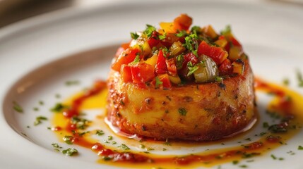 Savory Aivar appetizer with sautÃ©ed bell peppers, garlic sauce, and fresh herbs, beautifully presented in a circular mold on a white plate.