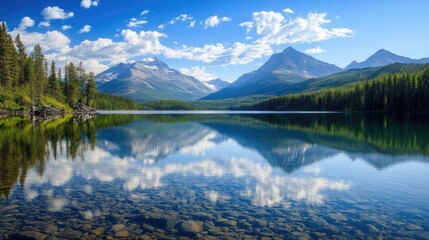 Fototapeta premium Serene mountain lake with crystal clear waters reflecting majestic peaks and vibrant blue skies, surrounded by lush green forests.