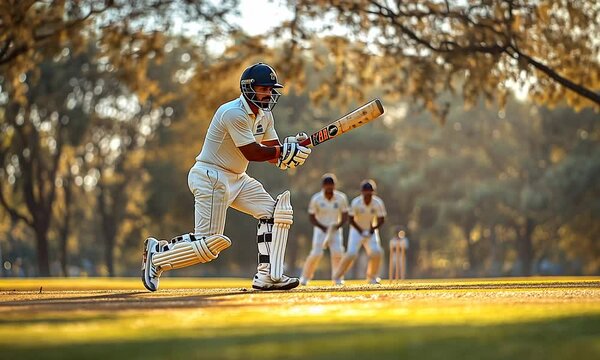 A cricketer batting during a match in a sunlit outdoor setting.