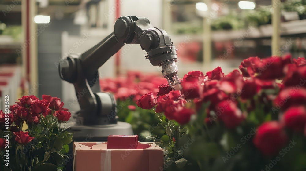 Poster producing and maintaining logistics systems, the robotic arm is used for packing, symbolizing effici