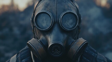 Survivor in a gas mask in a desolate landscape, capturing the essence of a post-apocalyptic environment marked by environmental catastrophe and survival.