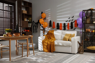 Room interior with different bright Halloween decorations