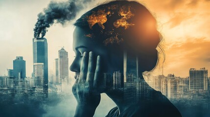 A composite image blending a woman's silhouette with a cityscape, symbolizing concern or distress about urban environmental issues or mental stress from city living.