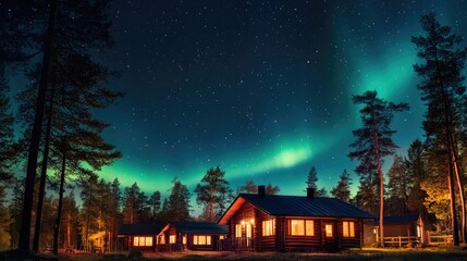 Vibrant auroras dancing in the night sky over cozy log cabins surrounded by tall trees under a starlit backdrop.