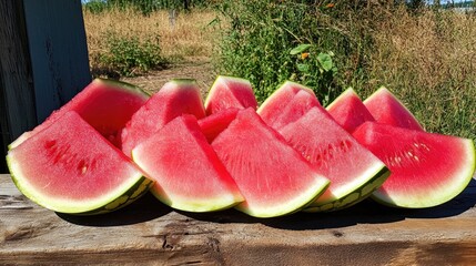 Freshly cut watermelon slices arranged on a rustic wooden surface, basking in bright sunlight amidst a natural grassy backdrop, perfect for summer enjoyment.