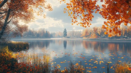 Tranquil lake surrounded by vivid autumn foliage reflecting calm waters and dramatic skies, capturing the essence of a serene fall landscape