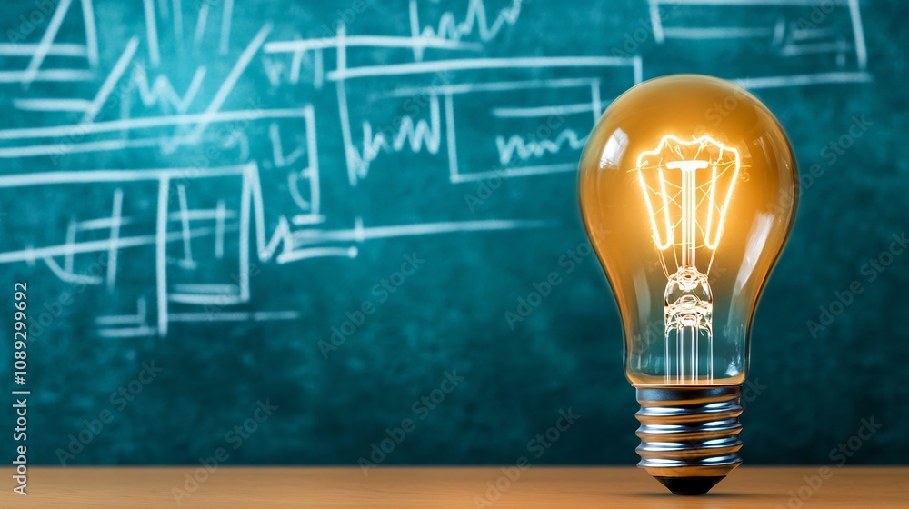 Aufkleber illuminated lightbulb with drawn graphs on chalkboard background