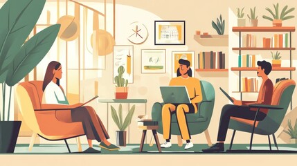 Fototapeta premium Collaborative Teamwork in a Cozy Workspace: Three Professionals Engage in a Productive Meeting, Surrounded by Plants and Books.
