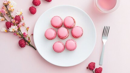 Delicious pink macarons cozy kitchen food photography bright environment close-up view dessert inspiration