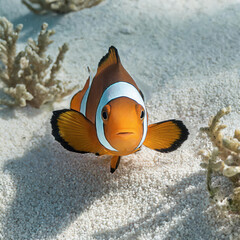 Pez payaso observado de frente sobre arena blanca con fragmentos de coral en aguas claras.