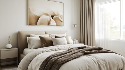 Elegant and Cozy Modern Bedroom Interior Design with Stylish Decor, mockup, poster and Background