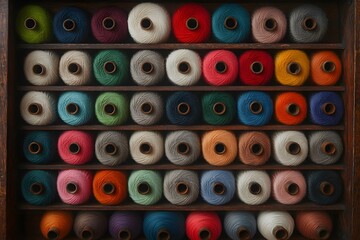 Fototapeta premium Mixed-Color Spools of Thread in a Wooden Drawer – Sewing Supplies, Crafting Essentials, and Organised Storage