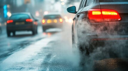 Vehicles on a wet road emitting exhaust fumes, with tail lights glowing and a hint of fog or mist, indicating possibly cold or rainy conditions.
