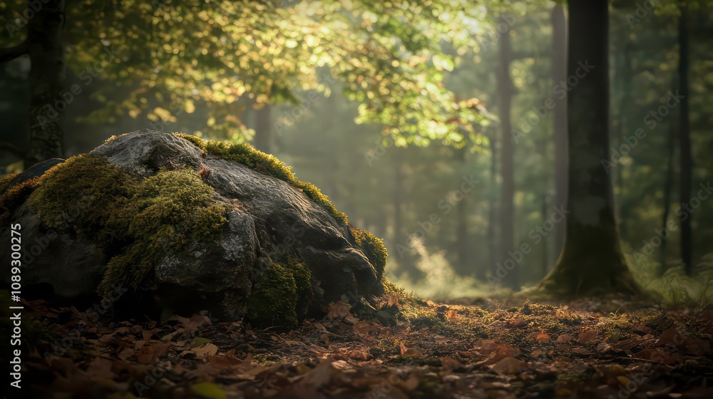 Poster a tight shot of a moss-covered rock, positioned before a forest sunlight filters through the leaves,