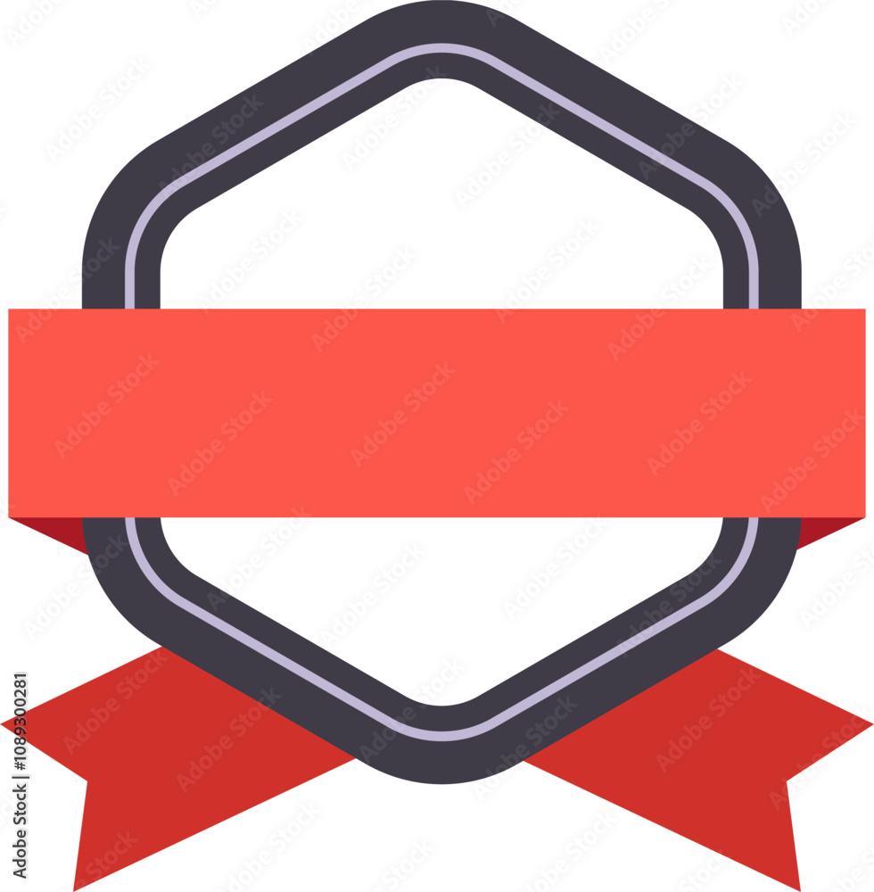 Poster hexagonal frame with red ribbons embracing it creating a badge with white copy space, ideal for cert