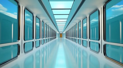 Fototapeta premium Futuristic office corridor with glass walls and reflective surfaces