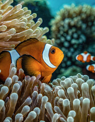 Pez payaso entre tent&aacute;culos de an&eacute;mona en un arrecife submarino con fondo desenfocado.