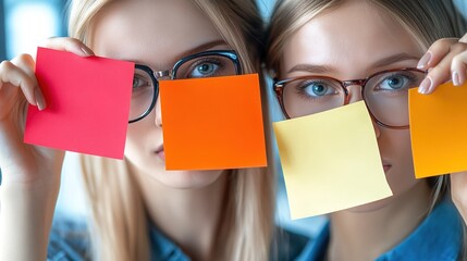 Two Young Women Holding Colorful Sticky Notes Against Their Faces, Showcasing Creativity and Teamwork in a Modern Office Environment, Bright and Energetic Atmosphere