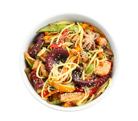 Stir-fry noodles with sea food in bowl isolated on white, top view