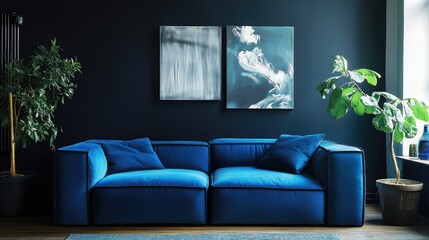 Contemporary blue sofa against a dark wall with potted plants and an empty canvas for modern interior decoration inspiration