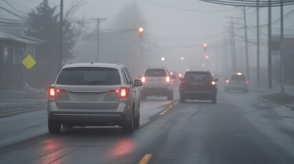 Vehicles navigating through foggy conditions urban street  misty environment dynamic viewpoint