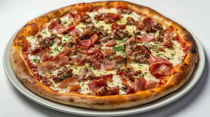Delicious pizza featuring a crispy crust topped with ham, bacon, mozzarella cheese, and rich tomato sauce, displayed on a pristine white background.
