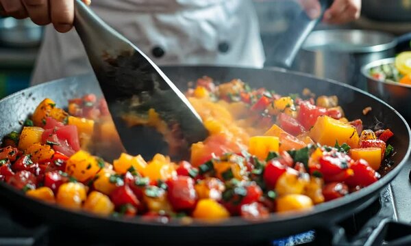 Colorful saut?ed vegetables in a skillet, showcasing culinary skills.