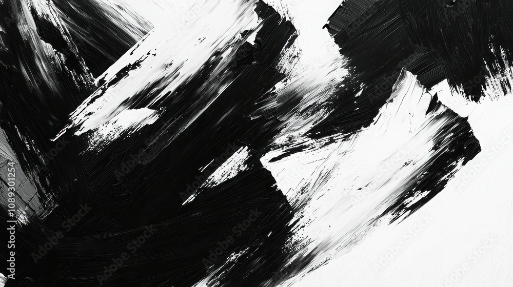 Poster abstract black and white brush stroke patterns on canvas, evoking emotion and depth in contemporary 