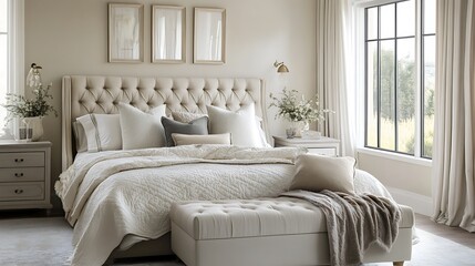 Fototapeta premium Elegant and Cozy Modern Bedroom Interior Design with Stylish Decor, mockup, poster and Background